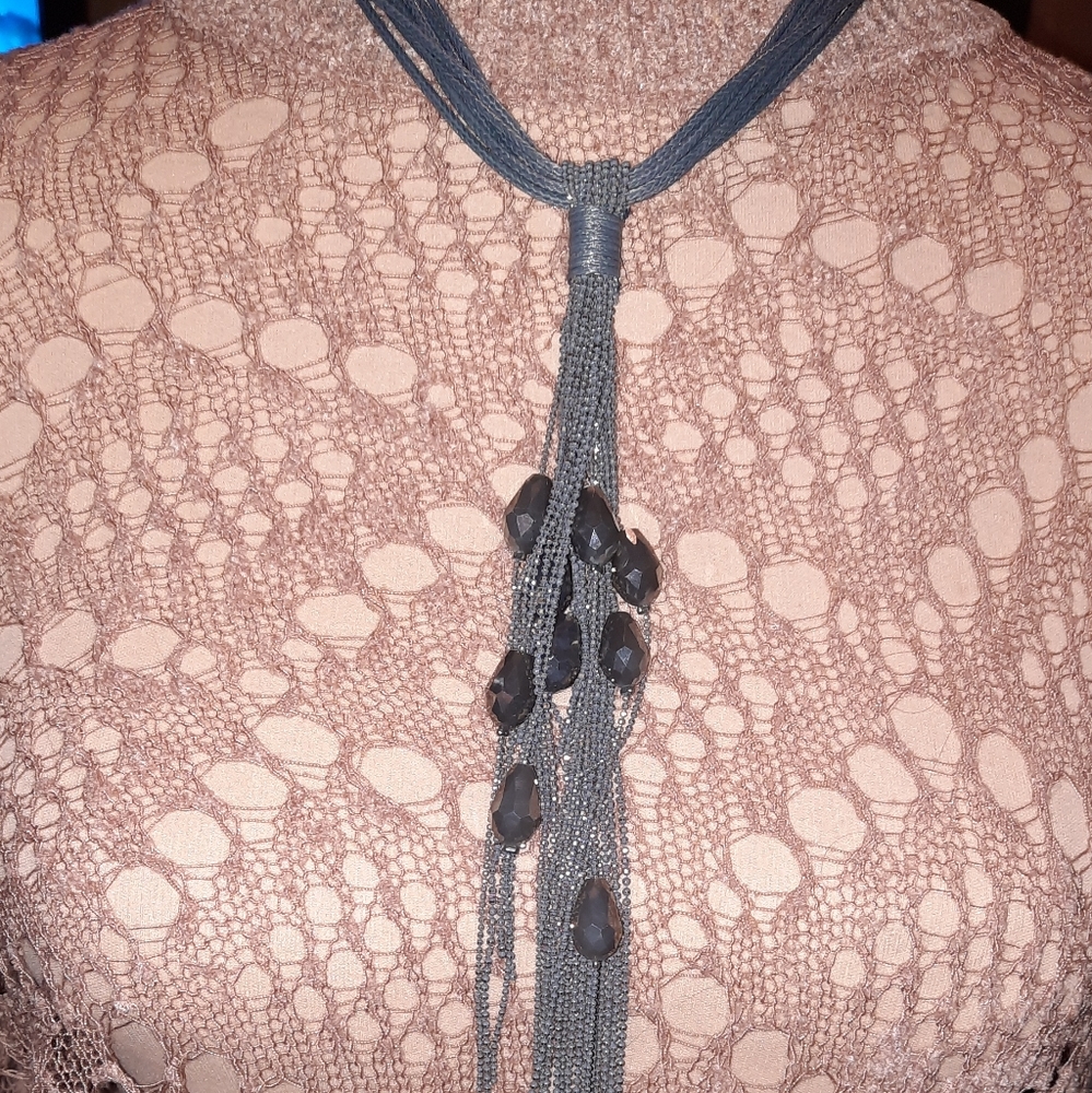 Grey fringe beaded tassel multistrand necklace adjustable length EUC